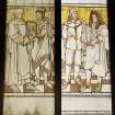 Interior, detail of picture gallery painted glass panels depicting Cimabue, Giotto, Inigo Jones and Sir Christopher Wren