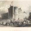 Doune Castle, view from NE. Engraving by T. Allom.