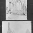 Drawings showing interior of Temple Old Church and general view of Drainie Old Parish Church from SW.
