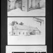 Photographic copy of drawings showing Interior view, Exterior view and floorplan.