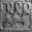 Detail of panel showing three stags on the sculptured tomb to Alexander Macleod, St Clement's Church, Rodel, Harris.