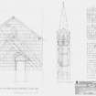 St Drostan's Parish Church: 
Detail elevation of East face of Tower within the roof space of the main church showing raggles of previous rooflines at scale1:20.
Section X-X1 through the Tower at scale 1:100
Tower floor plans showing first, second, third and fourth plans at scale 1:100