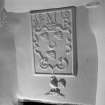 Interior. 3rd. floor, stair, detail of plaster panel with coat of arms