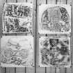 Photographic copy of four rubbings. 
The upper left and lower right rubbings shows panel detail from reverse and face of Invergowrie no 2 cross-slab, St. Peter's Churchyard, Invergowrie, Dundee. 
The upper right and lower left rubbings show face and reverse of Meigle no 7 Pictish cross slab fragment, now in Meigle Museum.
