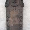 View of mural monument with winged angel, skulls, rosettes,Linton Churchyard.