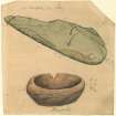 Watercolour drawing of two objects from excavation at Stempster, one a bowl and the other annotated 'The Stempster Urn Cover'. Verso: '05 Stempster Urn Cover'.