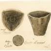Watercolour of a vessel as seen from three different perspectives, entitled: 'Crucible Dunnet'. On the back of the illustration it is noted that: 'Crucible found in Dunnet Churchyard supposed site of an old Broch. 1902'.