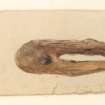 Watercolour of two artefacts: a slotted iron tool and a ring.