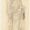 Sketched portrait of a female in a long dess with a book in her left hand and a cross in her right hand