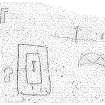 Scanned ink drawing of Pictish symbols (double rectangle, crescent & V-rod, stepped rectangle, mirror case?) and incised cross in Sculptor's Cave