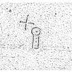 Scanned ink drawing of Pictish symbols (crescent & V-rod, mirror case, crescent & V-rod) and incised cross in Sculptor's Cave