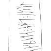 Scanned ink drawing schematic of runeic inscription on cruciform stone from St Peter's, Thurso