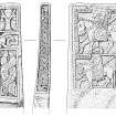 Scanned ink drawing of Benvie Pictish cross slab, face a, b,  c & d