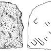 Scanned ink drawing of Pictish stone fragement built into S wall of St Vigeans Church with diagonal key pattern