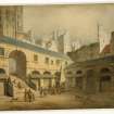 Photographic copy of watercolour drawing showing general view.
Original inscribed on back of support 'The Old Edinburgh Meat Market on or near the site of the Waverley Station somewhere between the North Bridge and the Mound on Princes Street. Late XVIII century, probably by James Skene (1775-1864)'.
u/s.
u/d.