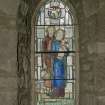 Interior. Detail of stained glass window memorial to Rev T C Sherriff c.1941 signed "M I WOOD?"