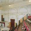 Interior.  Auditorium, Balcony, decorative plasterwork on W wall, view from E