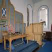 Interior. View of chancel showing communion table and pulpit