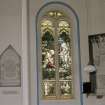 Interior. Detail of N Aisle Woodburn Memorial stained glass window " He loved them to the End"