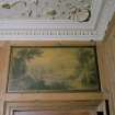 Interior. First floor Dining Room detail of painted panel of landscape over serving hatch