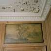 Interior. First floor Dining Room detail of painted overdoor panel of a landscape