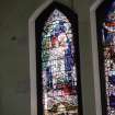 Interior. Detail of S Transept stained glass window by Alf Webster 1913