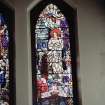 Interior. Detail of S Transept stained glass window by Alf Webster 1913