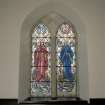 Interior. W aisle N end stained glass window c.1965 presented by The Womens Guild