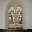 Interior. E aisle stained glass window by Ballantine & Co Edinburgh c. 1905 " Faith, Hope and Charity"