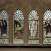 Interior. N wall detail of Bell MacDonald memorial stained glass windows by William Morris & Co c.1925