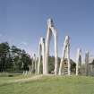 Playpark. View of wooden sculpture by Kevin Blackwell from N