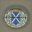 Interior. Sanctuary. Stained glass. Detail of Saltire