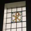 Interior. Clerestory stained glass window. (N) Detail.