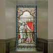 Interior. Ground floor NW aisle detail of Arbuckle Memorial stained glass window of The Baptism of Christ