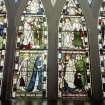 Interior. NE Aisle gallery McCunn Memorial stained glass window by E Burne-Jones of Morris, Marshall, Falkner & Co London