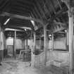 Interior. View of main byre showing roof structure and stalls