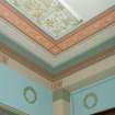 Interior. Library Detail of decorated pilasters, laurel wreath freize, cornice and papered ceiling with fruit