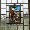 Interior. Detail of stained glass window with inscription "Kentigern Myrddin"