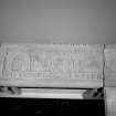 Interior. Detail of right side of former fireplace lintel with inscription "DOMINUS FRUSTRA. VIRTUS SUB UMBRA."