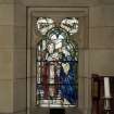 Interior. Chancel. Detail of stained glass window with cusped detailling on S elevation