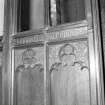 Interior. Detail of rood screen carved paneling