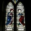 Interior. Detail of nave SE window depicting The Visitation in memory of Eliza Schofield