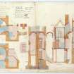 Photographic copy of plans, sections and elevations showing tower, staircases, club room, factor's house and shop including details of masonry, joinery, windows and doors.