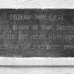Detail of N gable date plaque inscribed " HUGH MILKLER WAS BORN IN THIS HOUSE ON THE10th OCT 1802 AND DIED ON THE 24th DEC 1856"