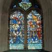 Detail of stained glass window showing Heavenly and Earthly choirs by Sax Shaw 1979.