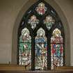 Detail of stained glass window by W Wilson 1966 showing SS Triduans, Margaret and Dorcas.