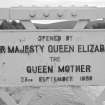 Detail of plaque commemorating the re-opening of the bridge by Queen Elizabeth the Queen Mother in 1988.