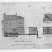 Photographic copy of annotated elevation to Canongate of Whitefoord House, with elevations and section of sawmill and paperstore