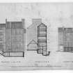 Photographic copy of annotated rear elevation of Whitefoord House and elevation to Canongate and section