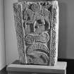 View of face of Pictish cross slab on display in Meigle Museum.
